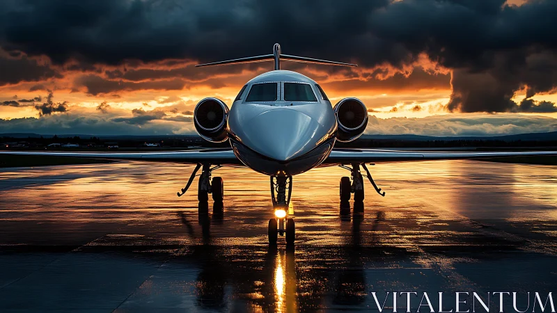 Business jet on wet runway under dramatic sunset sky