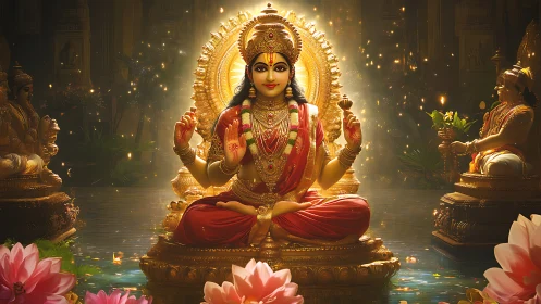 Golden goddess of lotuses glows over a shimmering temple pool