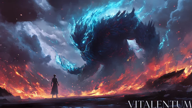 Lone warrior confronts colossal flaming elemental titan.