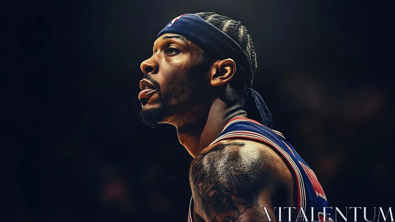 Focused basketball player in profile under arena lights.