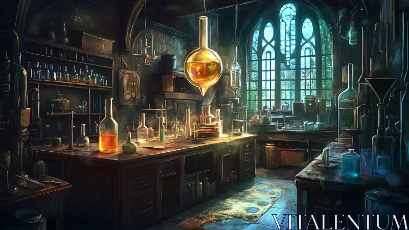 Moody alchemist laboratory under stained glass windows.