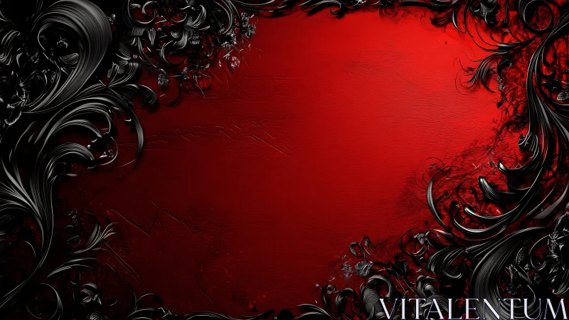 Black ornamental swirls frame textured red background field