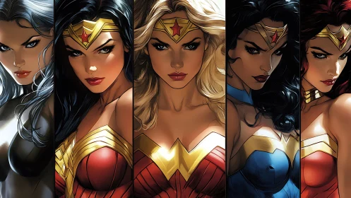 Five Powerful Wonder Woman Variations in Dynamic Comic Art Style.