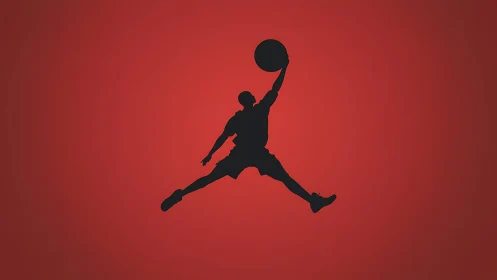 Silhouette basketball dunk icon on bold red gradient ground.