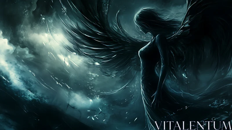 Dark winged angel rises from stormlit ocean vortex