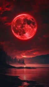 Digital painting of crimson supermoon above misted shoreline.