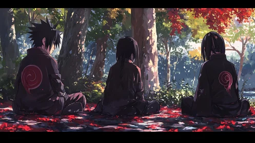 Three cloaked figures sit in a forest with red autumn leaves