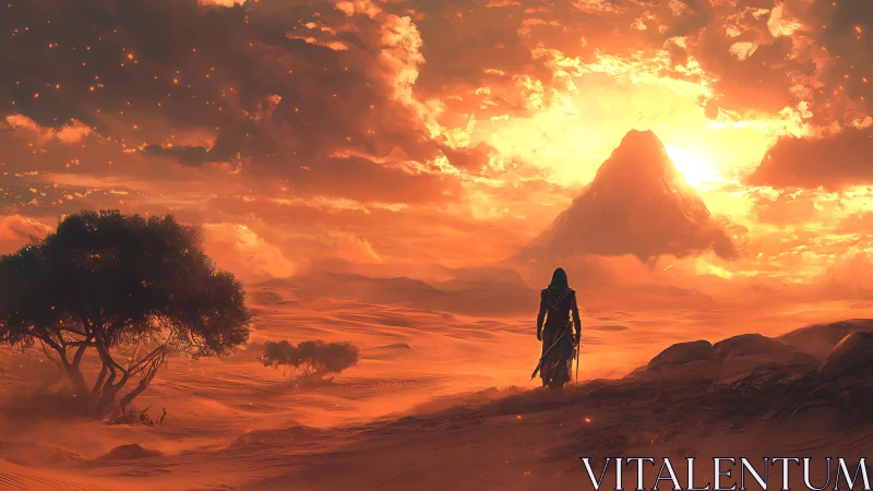 Digital painting of cloaked wanderer in volcanic dusk desert.