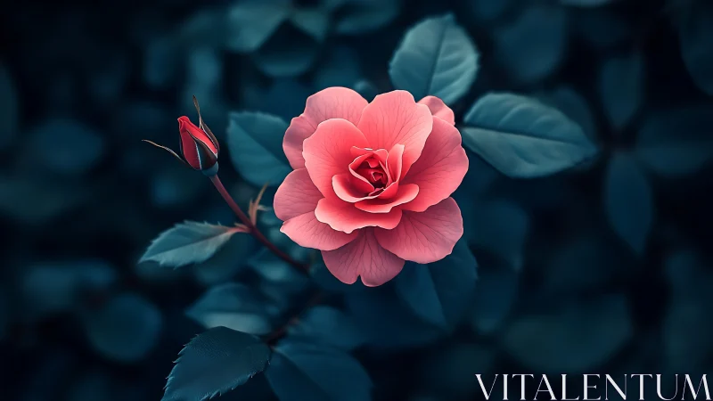 Coral Rose Bloom Against Teal Foliage Backdrop.