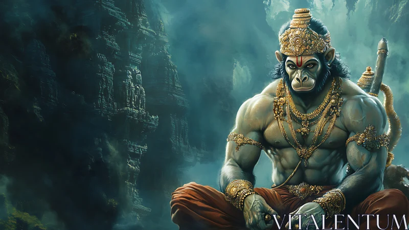 Mythic simian guardian broods in emerald mountain mists.