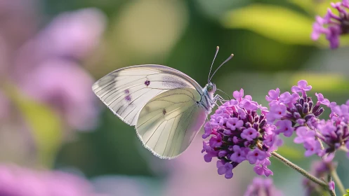 Delicate white butterfly resting on vivid lilac blossoms.