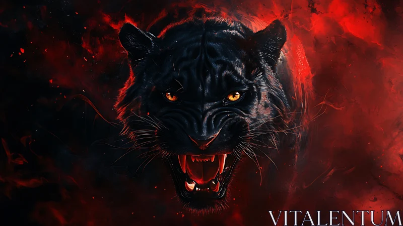 Predatory black panther portrait in infernal red smoke.