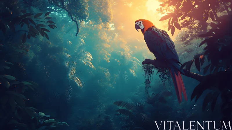 Scarlet macaw rests on branch in backlit dense rainforest