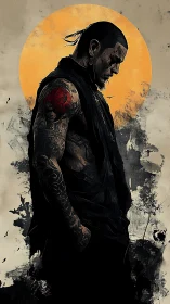 Tattooed warrior bows his head beneath a burning sun.