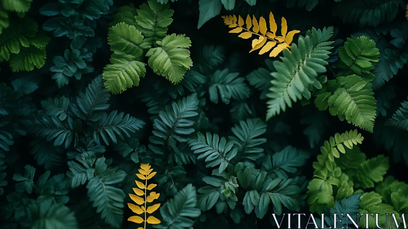 Golden fern fronds contrast against deep green foliage
