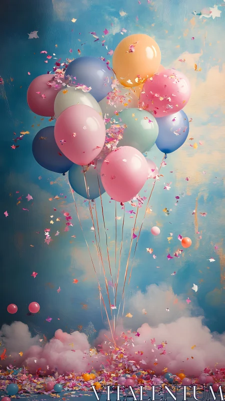 Cluster of Inflated Spheres with Scattered Confetti Elements.