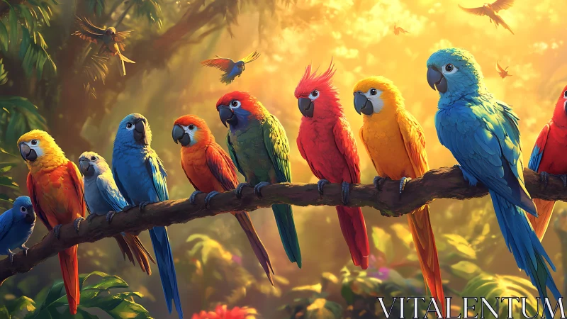 Vibrant Parrots Perched on Jungle Branch, Lush Digital Artwork.