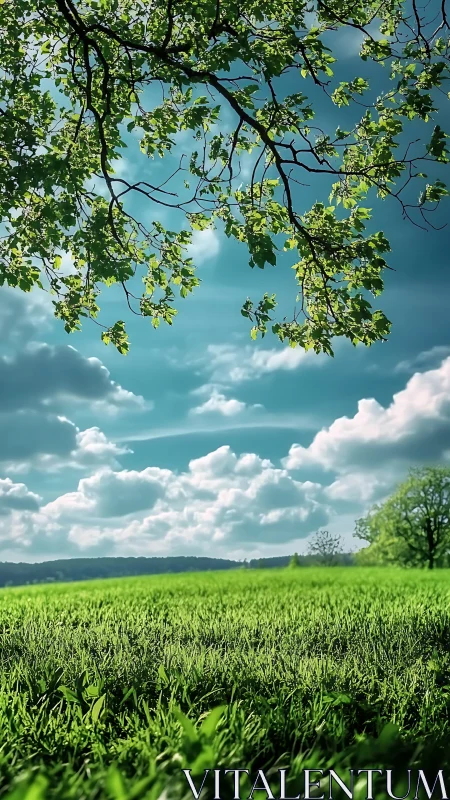 Green meadow under cloudy blue sky with leafy tree canopy.