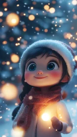 Stylized winter portrait of child under bokeh snow illumination