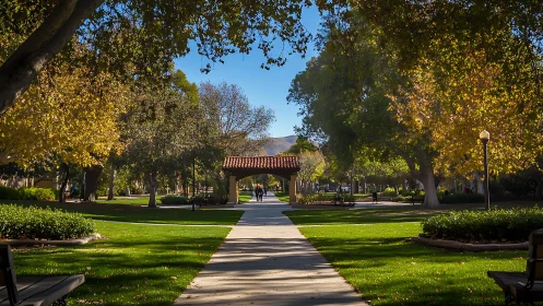 Photorealistic campus walkway under autumn tree canopy.