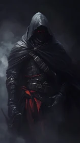 Hooded dark assassin rendered with high-contrast chiaroscuro lighting