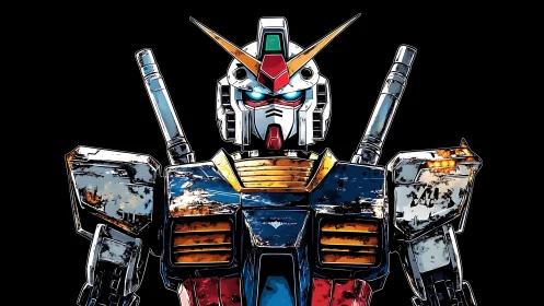 Battleworn mecha portrait with cel-shaded metallic panels.