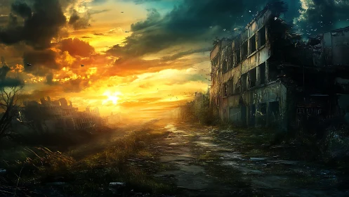 Sunset over ruined city street and collapsing buildings.