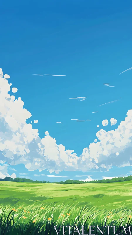 Skywide summer meadow under soaring cotton clouds dreamscape.