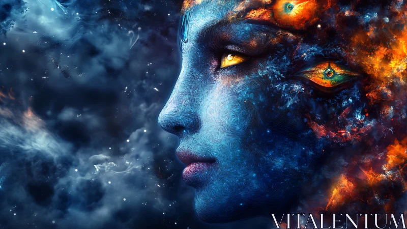 Cosmic blue deity face merges with swirling fiery nebula