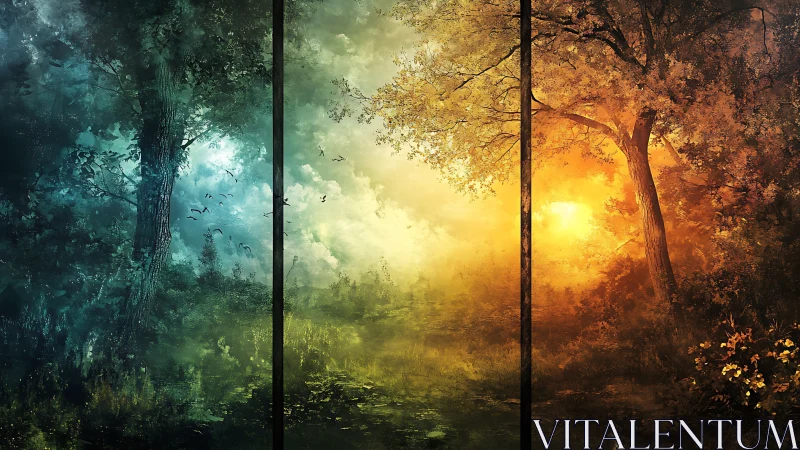 Triptych spectral forest gradient from cool dusk to solar blaze.