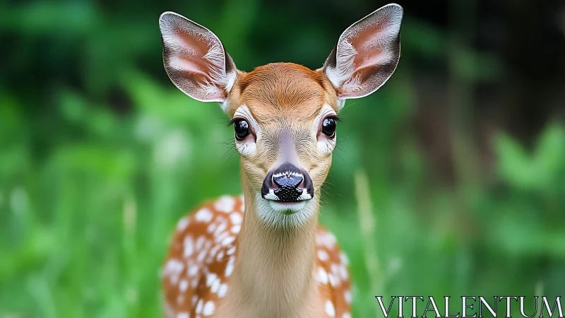 High-clarity frontal portrait of white-tailed fawn with shallow depth