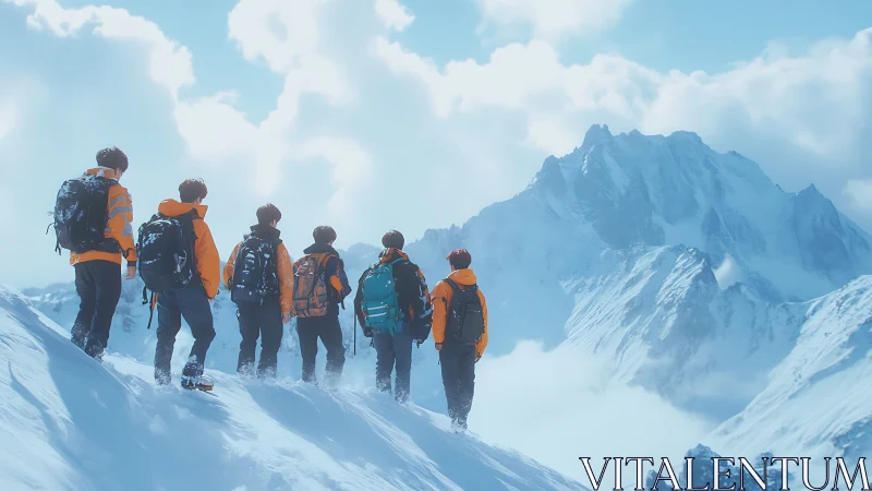 Orange-jacketed summit dreamers under a wide glacier sky.