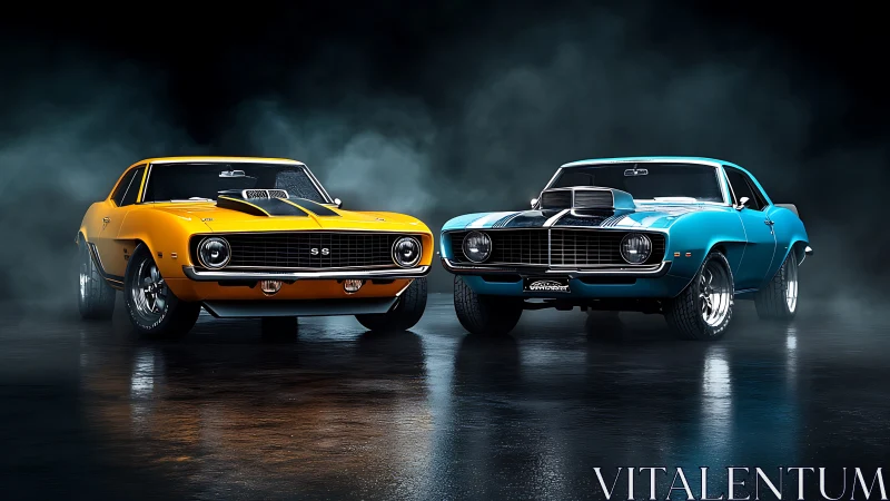 Classic muscle cars duel in dramatic studio smoke scene.