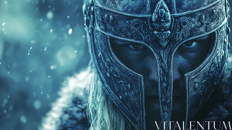 Photorealistic Norse warrior portrait with ornate iron helm.