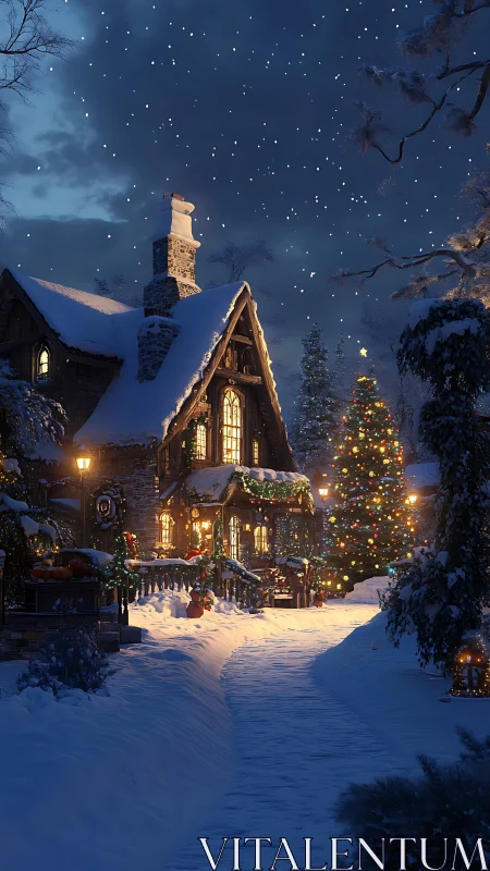 Snowlit cottage glows beside a jeweled Christmas tree dream.