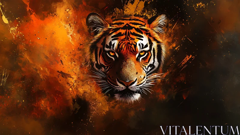 Ember-born tiger visage blazing through molten shadows.