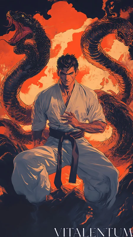 Karate warrior kneels in ember storm with twin shadow serpents.