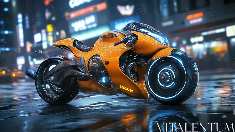 Futuristic orange motorcycle stands on wet neon city street