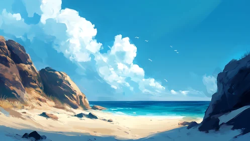 Sunlit cove opens onto calm turquoise waves and soft sands