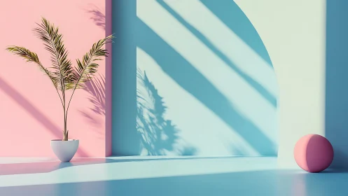 Soft pastel room with palm plant and playful pink sphere.