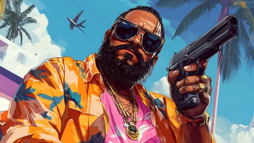 Digital painting of armed vacation kingpin in neon tropics.