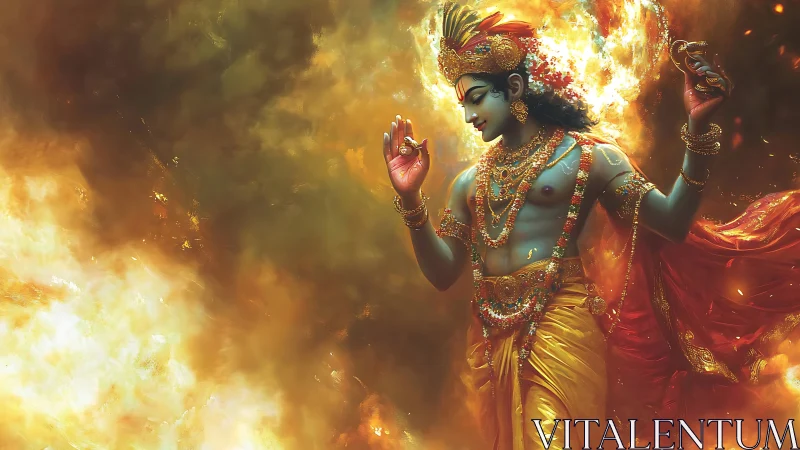 Radiant celestial dancer in flowing gold amid glowing fire.