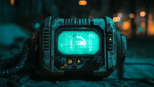 Rust-bitten wasteland scanner hums in neon cyan gloom.