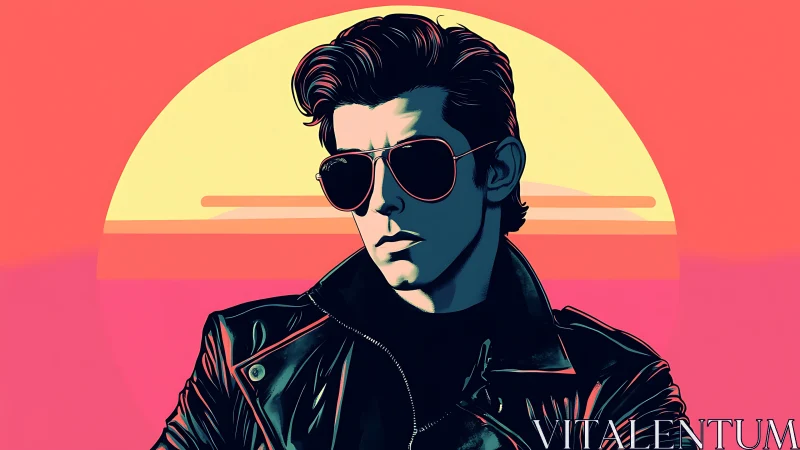 Retro synthwave portrait of cool man in leather jacket.