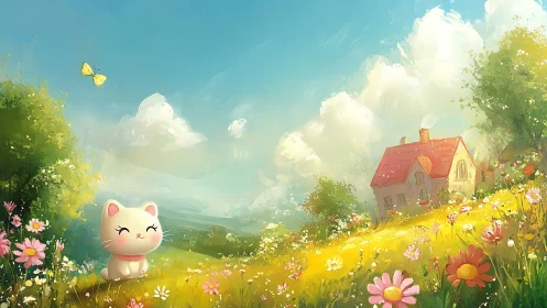 Pastel-rendered cat figurine in luminous meadow landscape.