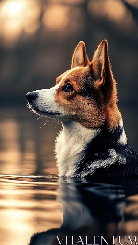 Corgi profile poised in golden dusk-reflective waters.