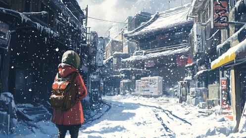 Traveler crosses snowbound Japanese street in silence.