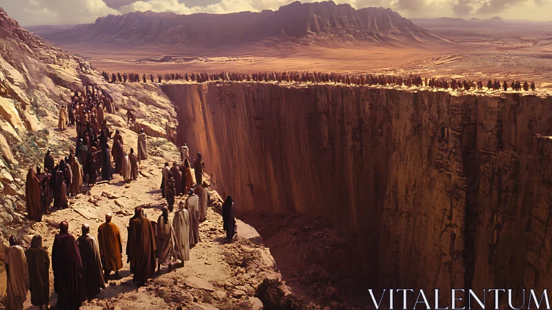 Processional figures survey colossal desert canyon in warm light