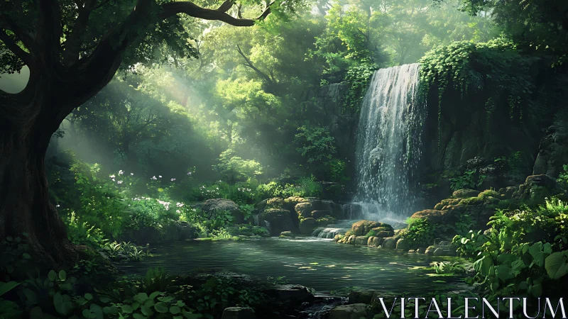 Enchanted Forest Waterfall Paradise Among Ancient Trees.