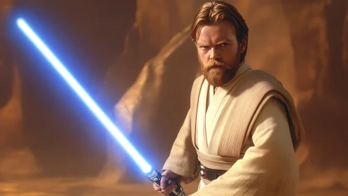 Blue plasma sword warrior in desert canyon, cinematic light